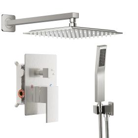 Wall-mounted shower faucet set - 10-12inch square overhead spray + handheld shower head with pressure balance and temperature control valve (Color: Brushed Nickel/10in)