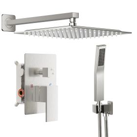 Wall-mounted shower faucet set - 10-12inch square overhead spray + handheld shower head with pressure balance and temperature control valve (Color: Brushed Nickel/12in)