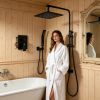 Wall-mounted shower faucet set - 10-12inch square overhead spray + handheld shower head with pressure balance and temperature control valve
